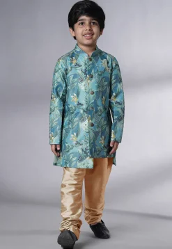 Digital Printed Dupion Silk Sherwani in Blue