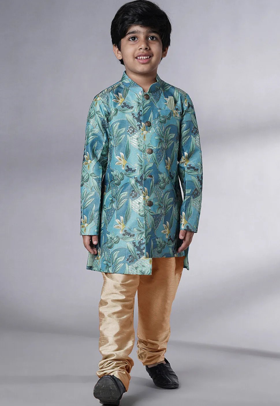 Digital Printed Dupion Silk Sherwani in Blue