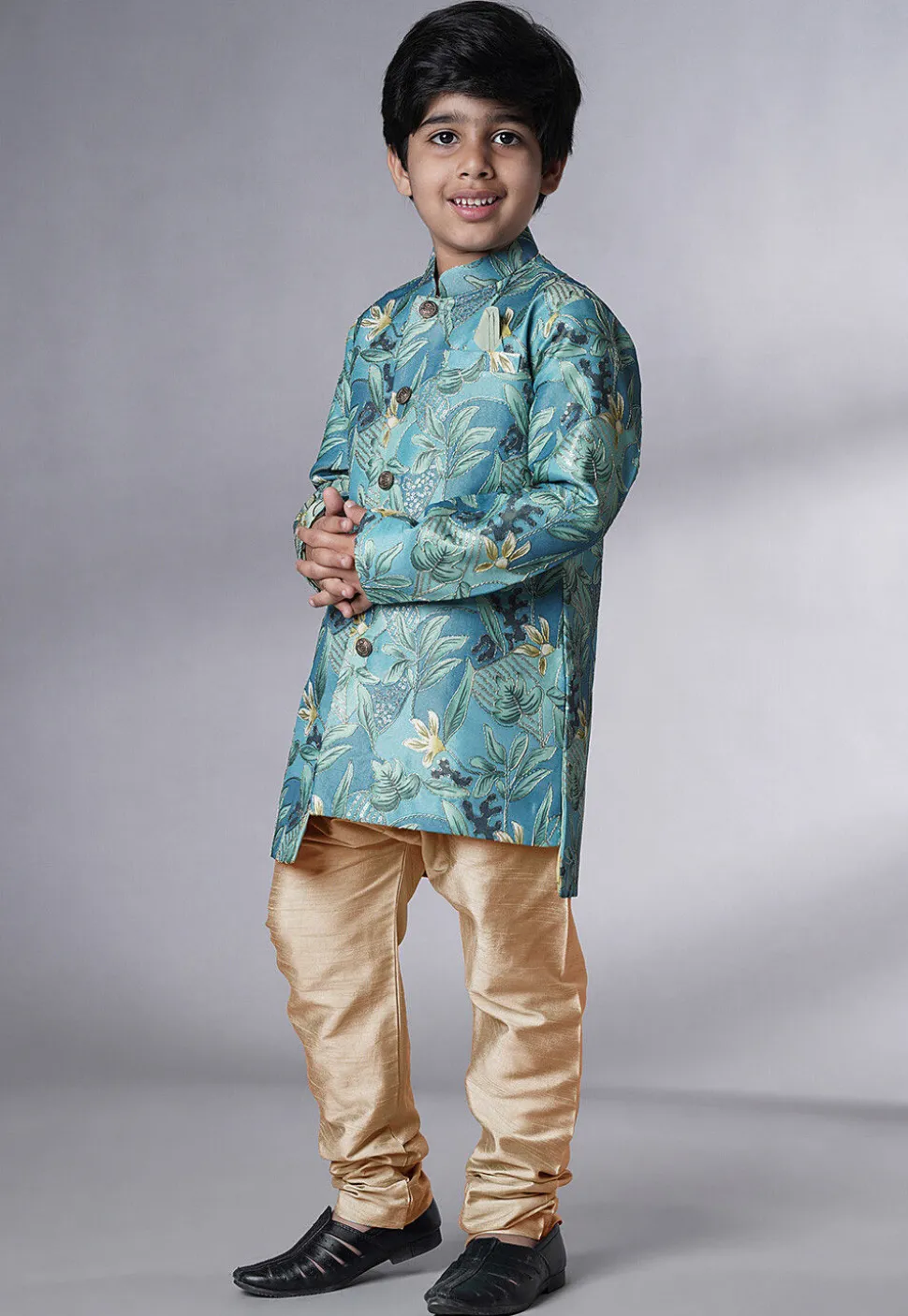 Digital Printed Dupion Silk Sherwani in Blue