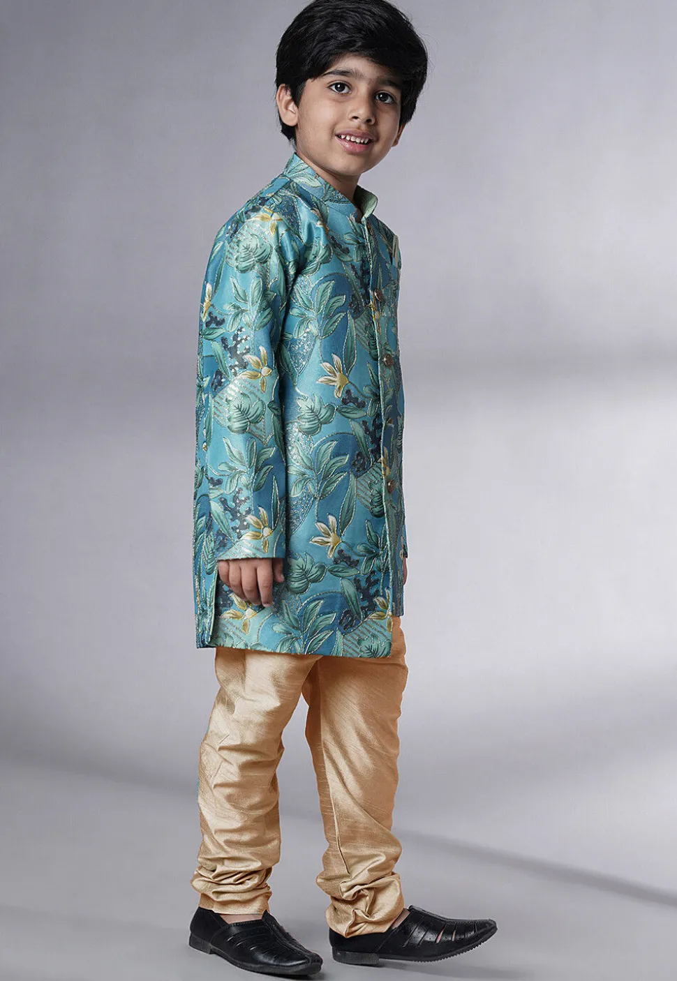 Digital Printed Dupion Silk Sherwani in Blue