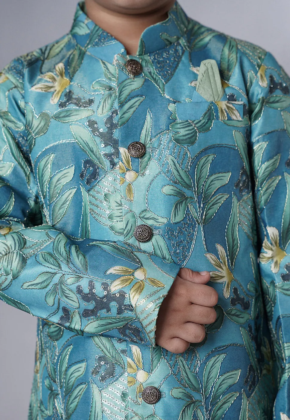 Digital Printed Dupion Silk Sherwani in Blue