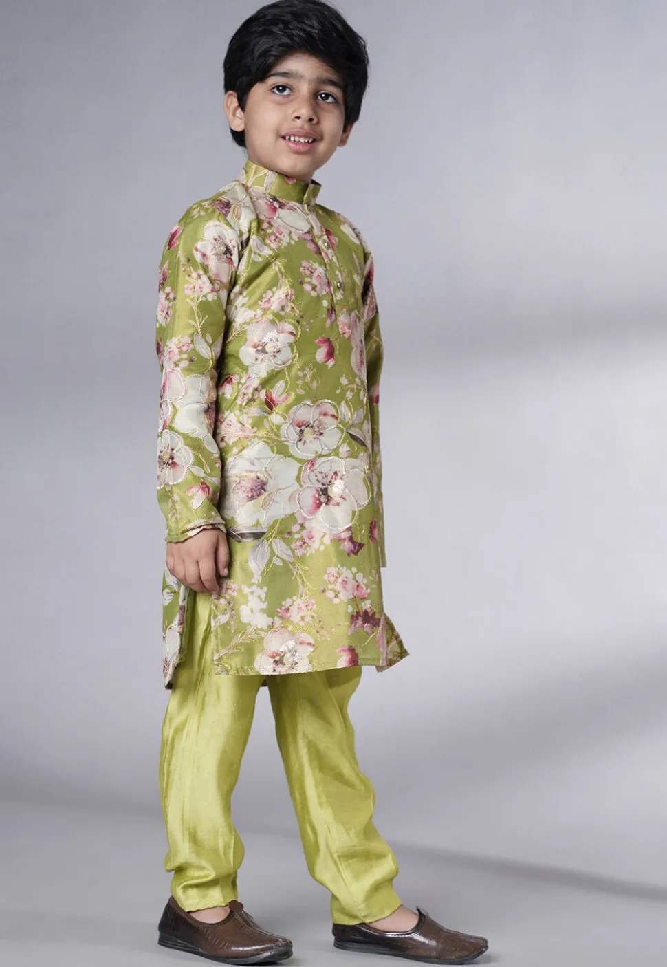 Digital Printed Dupion Silk Kurta Set in Green