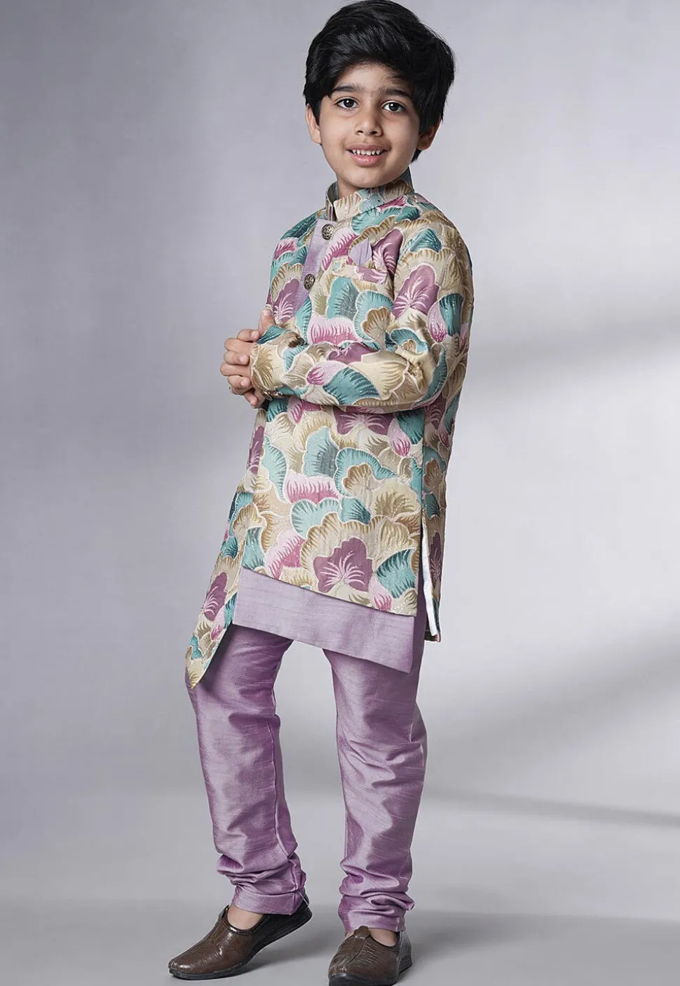 Digital Printed Dupion Silk Sherwani Set in Multicolor