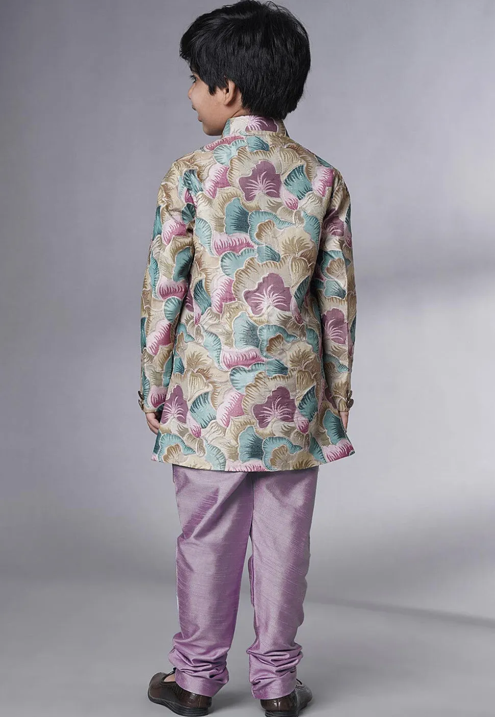 Digital Printed Dupion Silk Sherwani Set in Multicolor