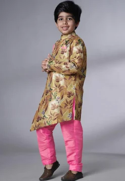 Digital Printed Dupion Silk Sherwani Set in Beige and Pink