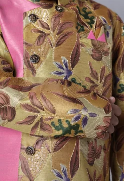 Digital Printed Dupion Silk Sherwani Set in Beige and Pink