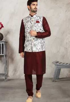 Digital Printed Dupion Silk Kurta Set in Maroon
