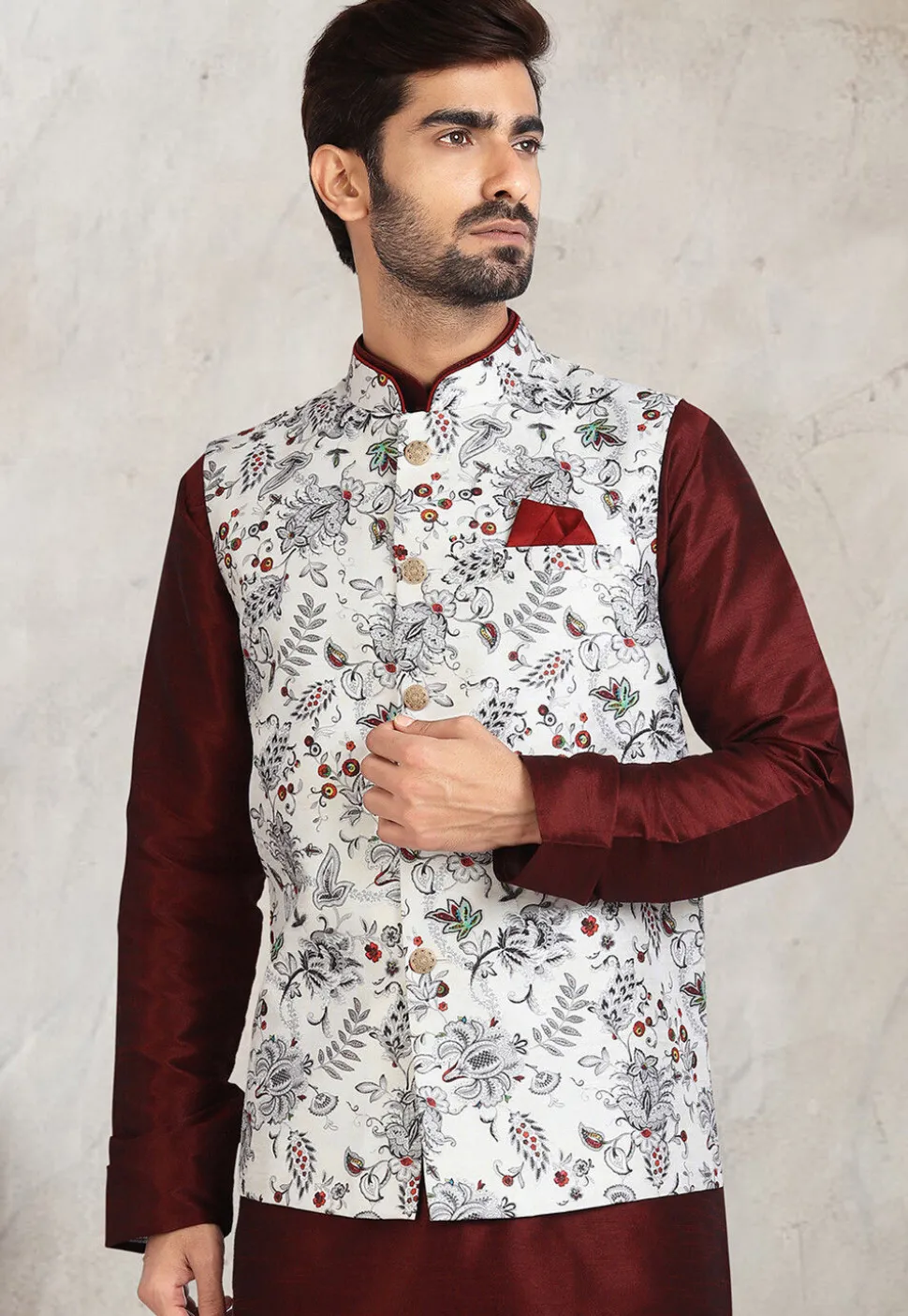 Digital Printed Dupion Silk Kurta Set in Maroon