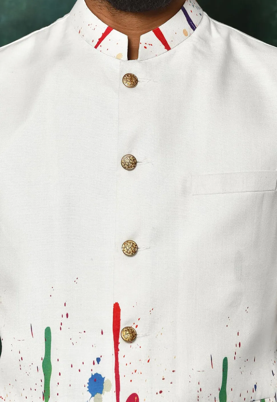 Digital Printed Dupion Silk Jacket Kurta Set in White