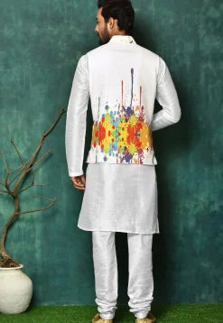Digital Printed Dupion Silk Jacket Kurta Set in White