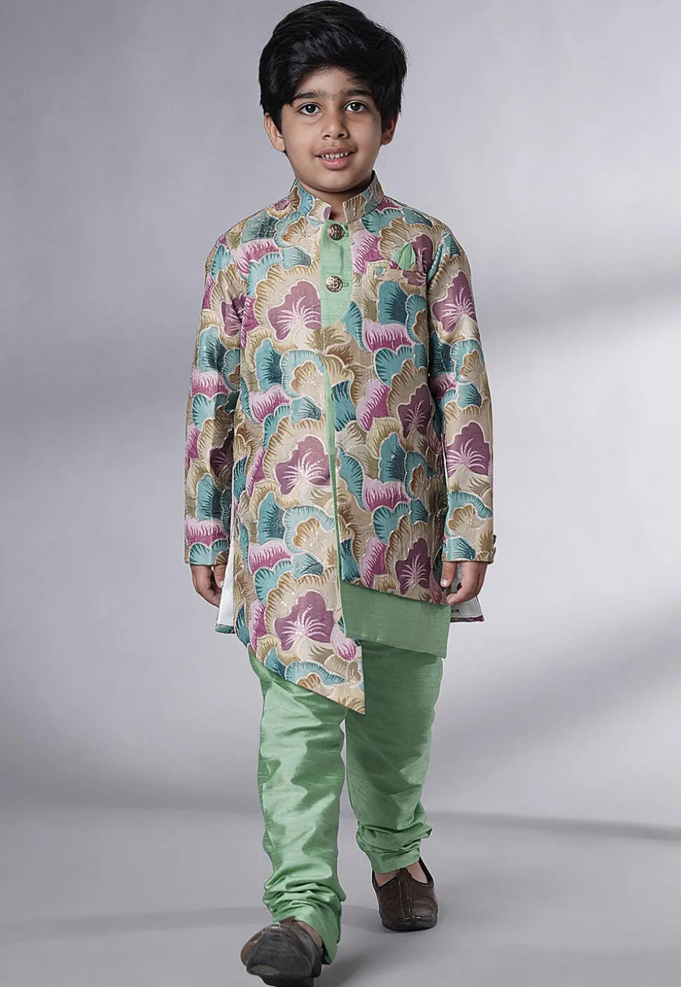 Digital Printed Dupion Silk Sherwani Set in Multicolor