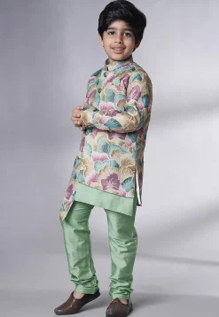 Digital Printed Dupion Silk Sherwani Set in Multicolor