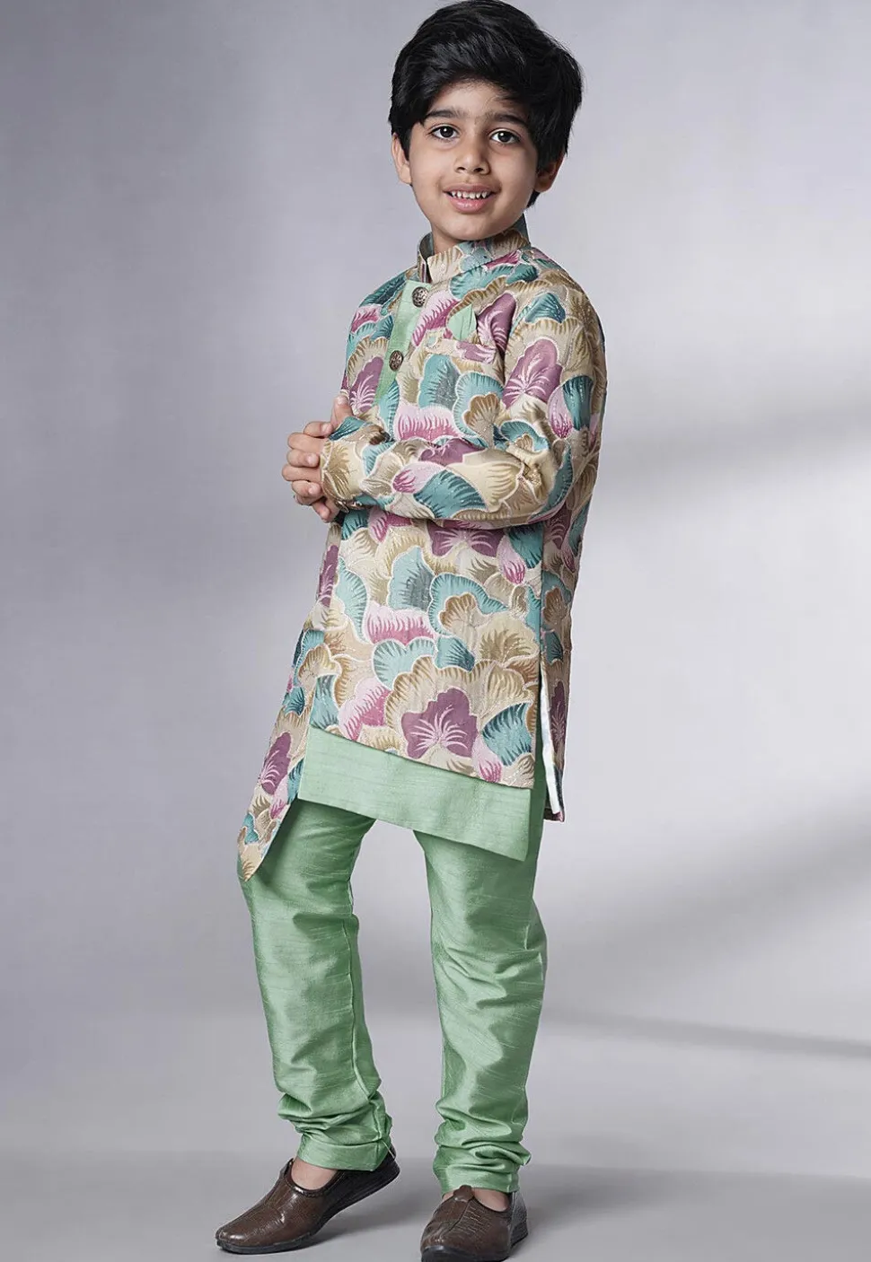 Digital Printed Dupion Silk Sherwani Set in Multicolor