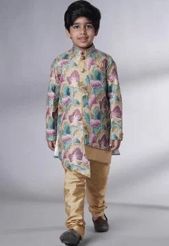Digital Printed Dupion Silk Sherwani Set in Multicolor