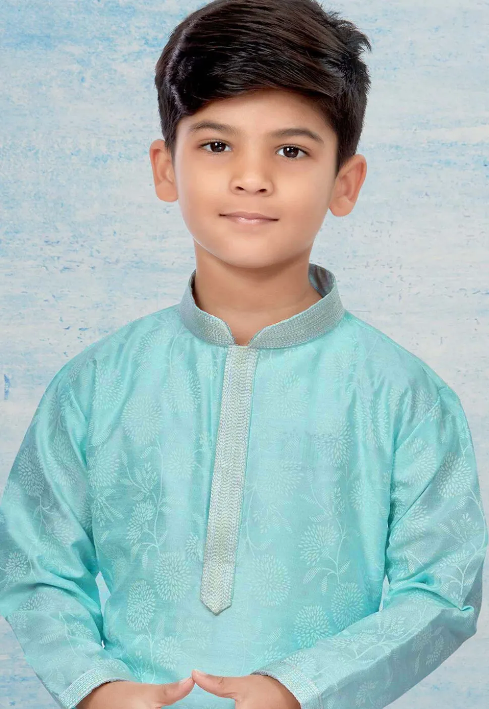 Digital Printed Dupion Silk Kurta Set in Sky Blue