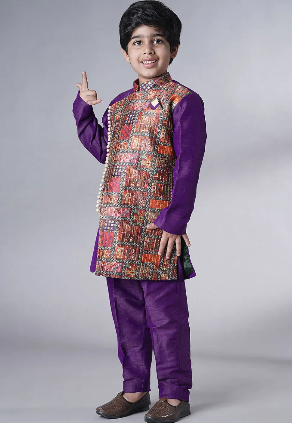 Digital Printed Dupion Silk Sherwani in Dark Purple