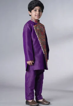 Digital Printed Dupion Silk Sherwani in Dark Purple