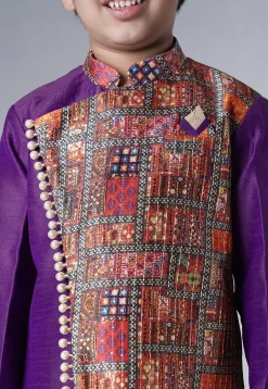 Digital Printed Dupion Silk Sherwani in Dark Purple