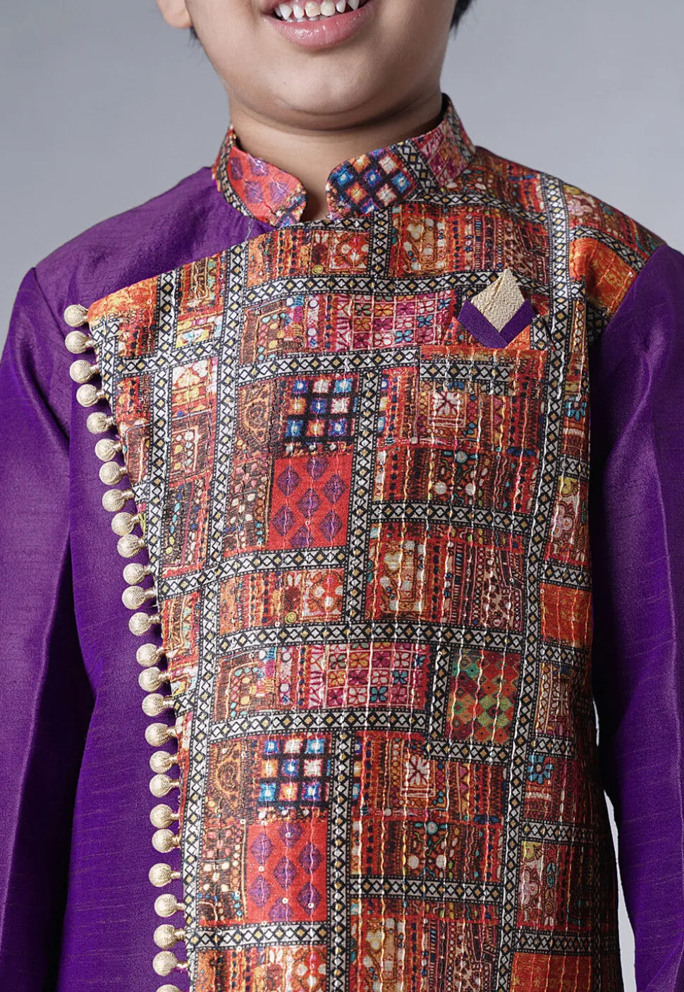 Digital Printed Dupion Silk Sherwani in Dark Purple