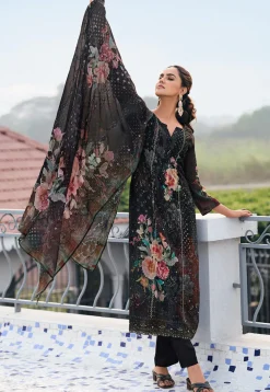 Digital Printed Georgette Scalloped Pakistani Suit in Black