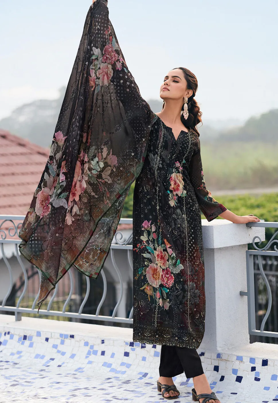 Digital Printed Georgette Scalloped Pakistani Suit in Black