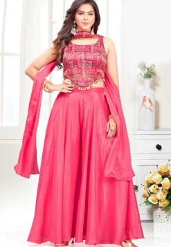 Digital Printed Georgette Crop Top Set in Pink
