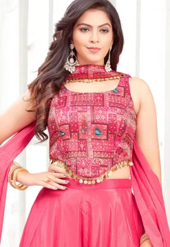 Digital Printed Georgette Crop Top Set in Pink