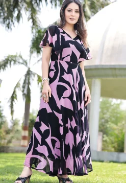 Digital Printed Georgette Maxi Dress in Navy Blue and Pink