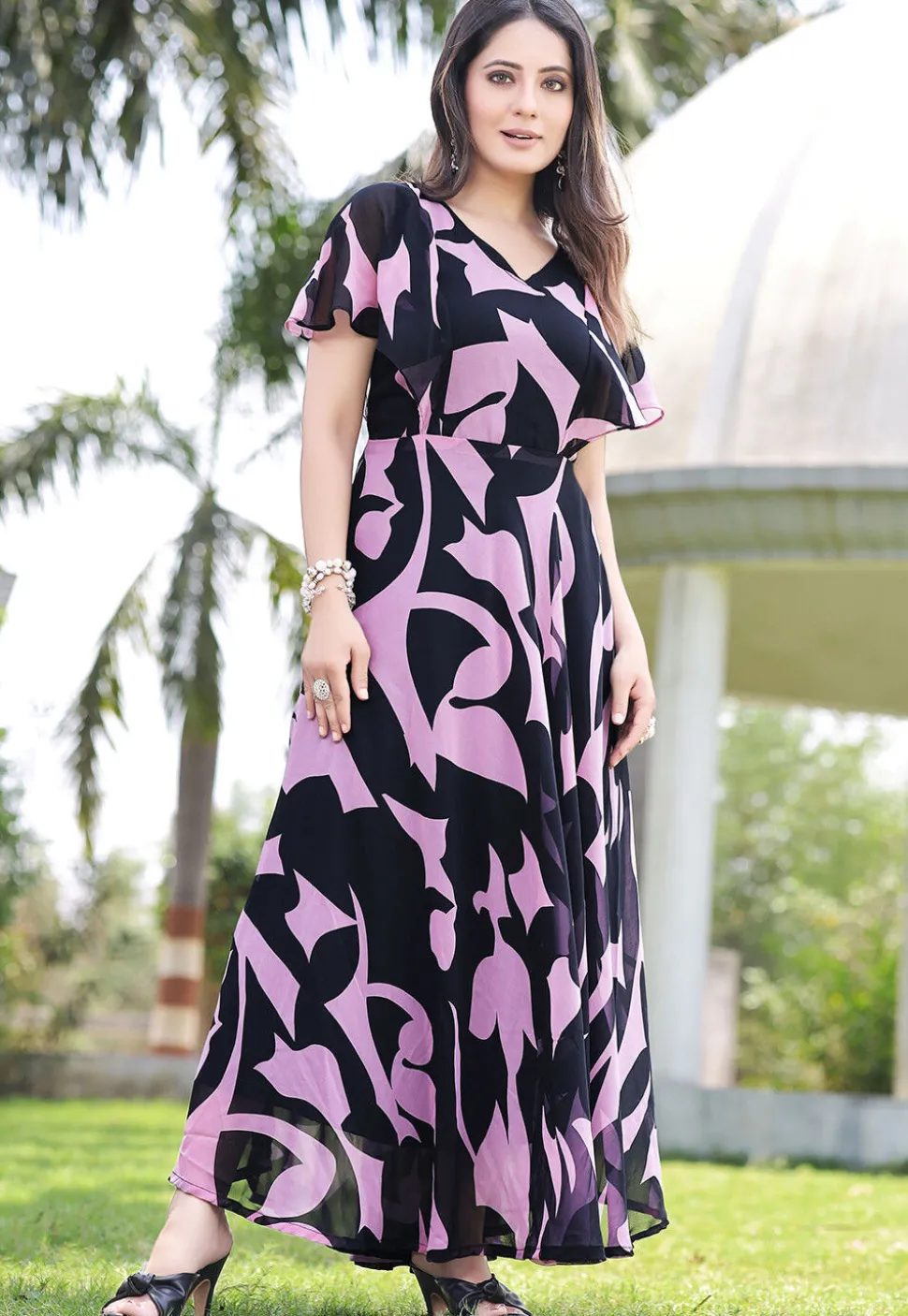 Digital Printed Georgette Maxi Dress in Navy Blue and Pink