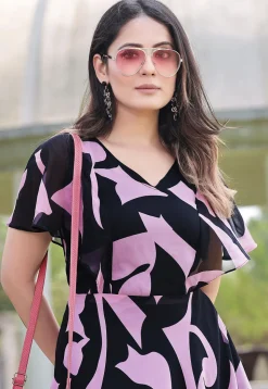Digital Printed Georgette Maxi Dress in Navy Blue and Pink