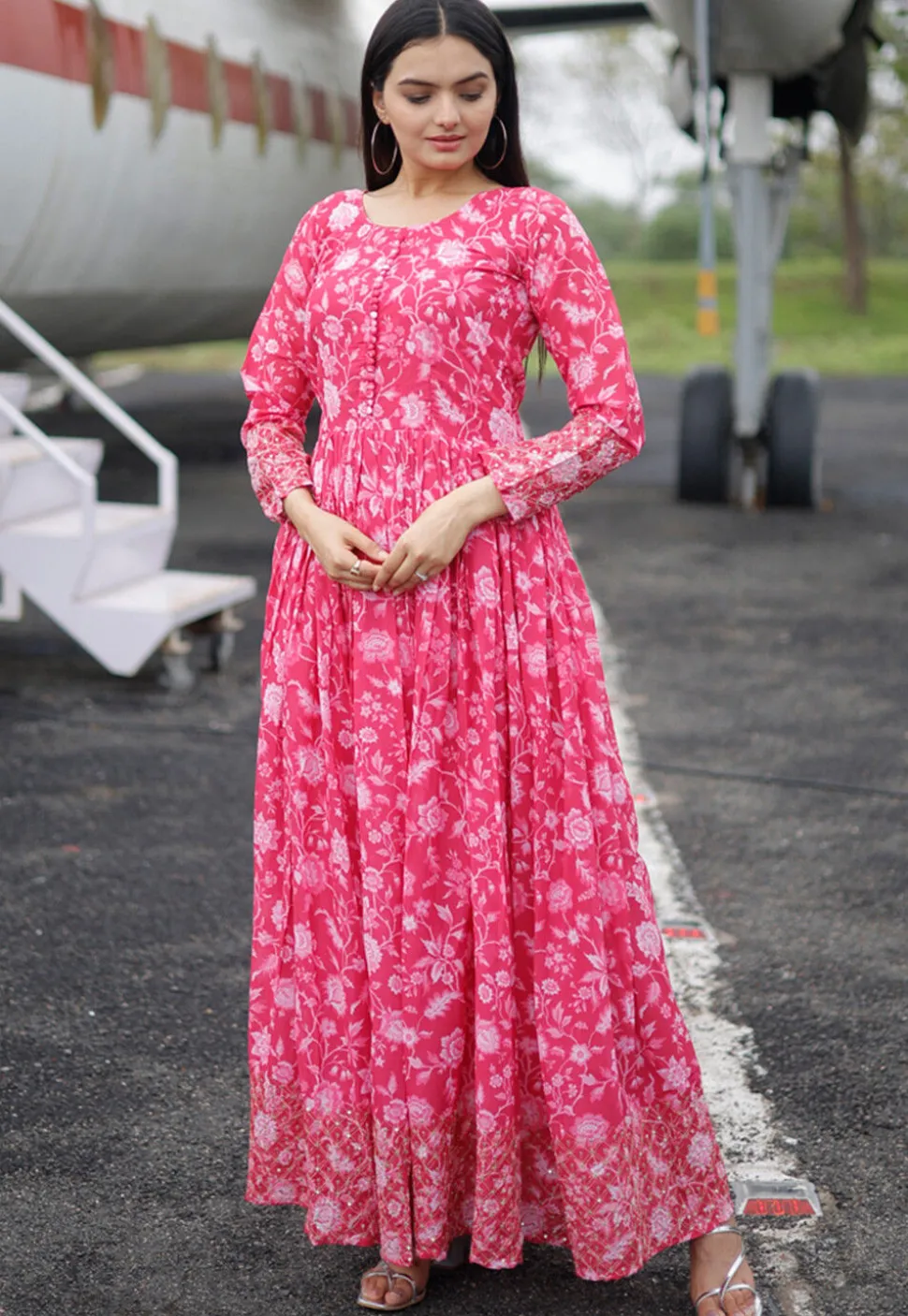 Digital Printed Georgette Gown in Pink