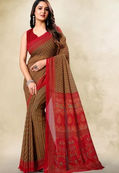 Digital Printed Georgette Saree in Beige