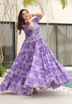 Digital Printed Georgette Tiered Gown in Purple