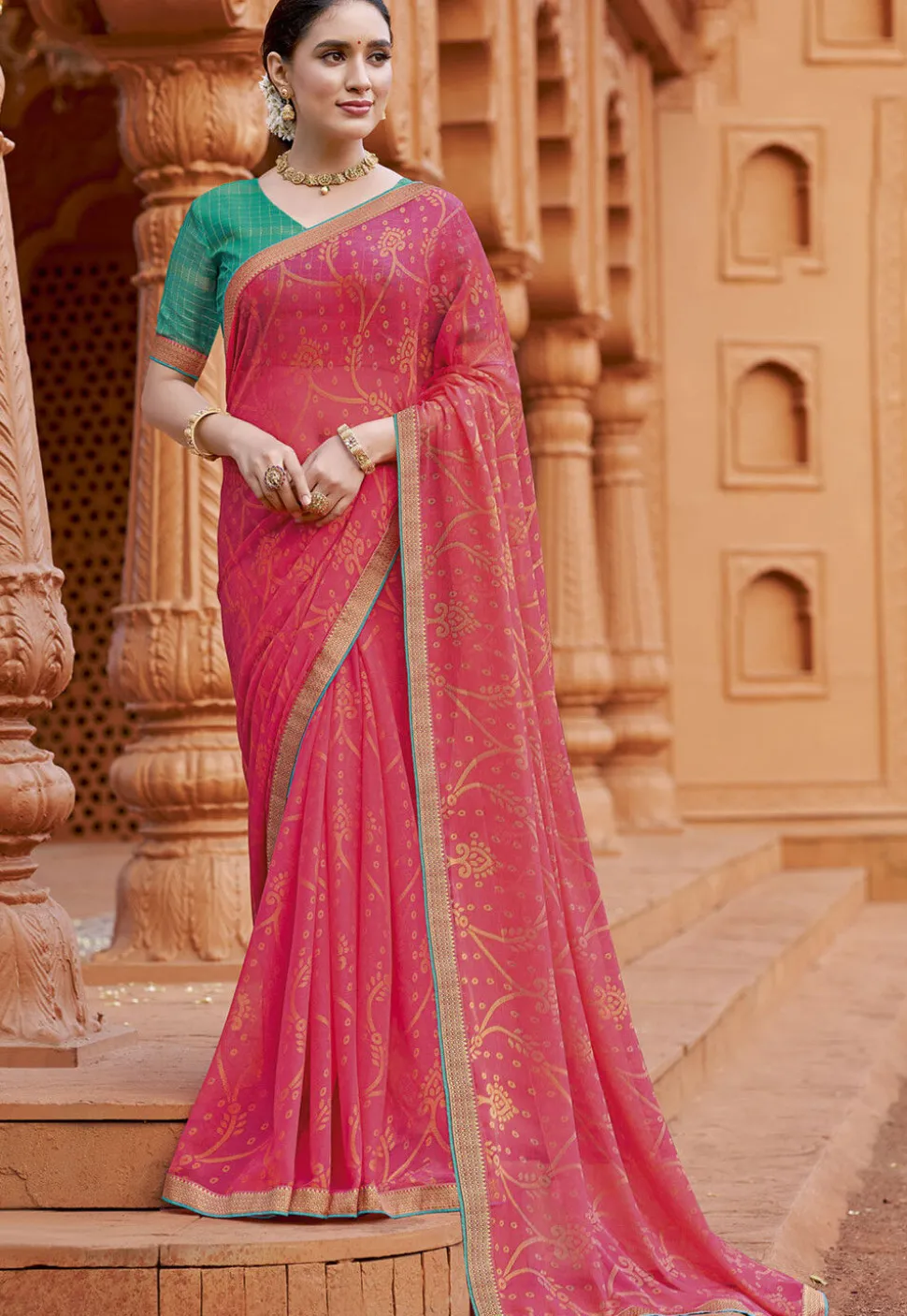 Digital Printed Georgette Saree in Pink