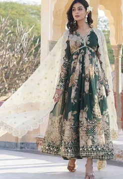 Digital Printed Georgette Silk Abaya Style Suit in Dark Green