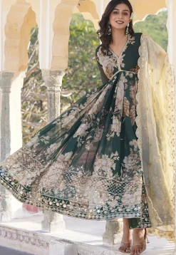 Digital Printed Georgette Silk Abaya Style Suit in Dark Green