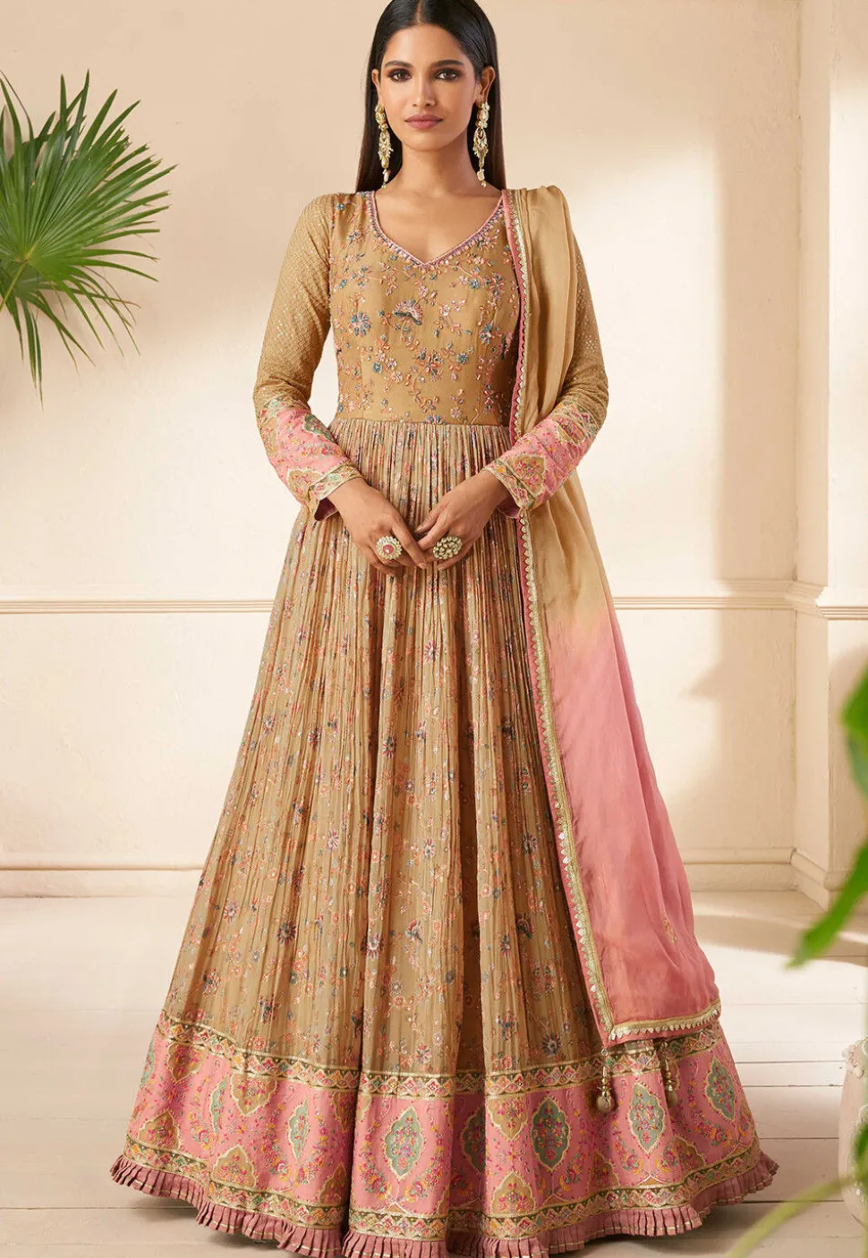 Digital Printed Georgette Abaya Style Suit in Beige
