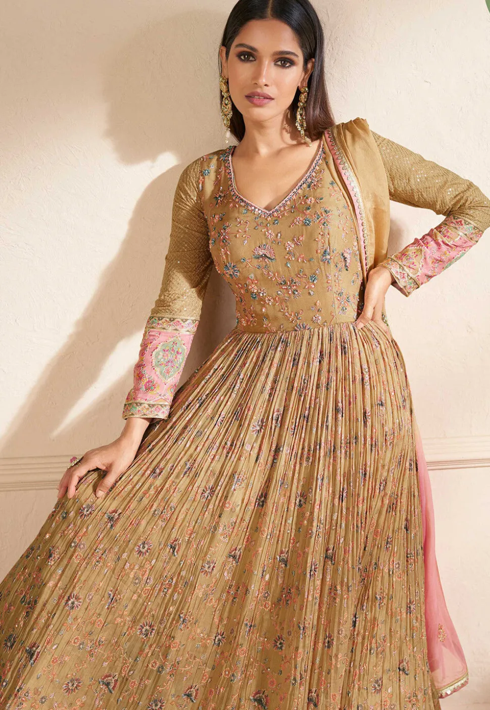 Digital Printed Georgette Abaya Style Suit in Beige