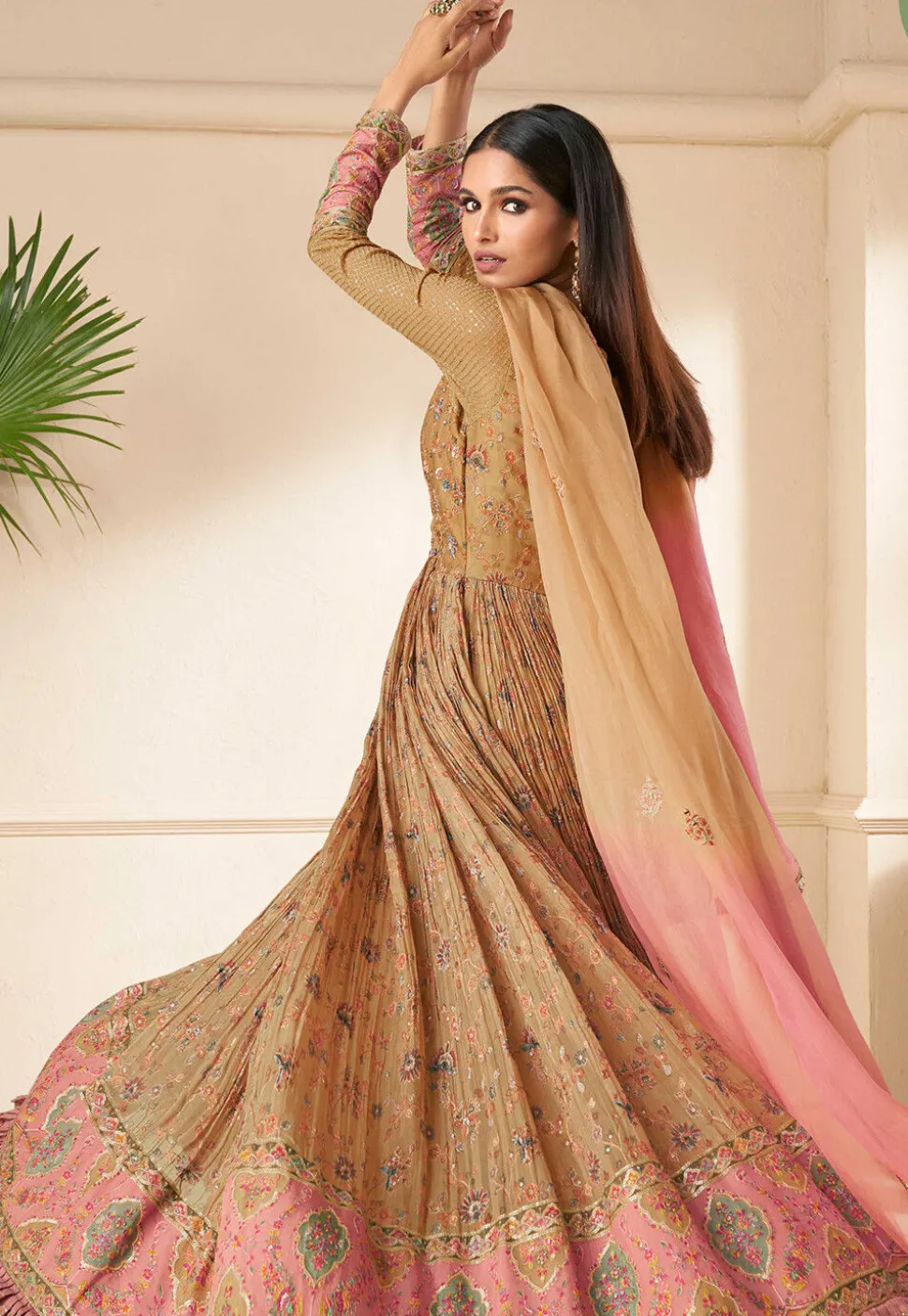 Digital Printed Georgette Abaya Style Suit in Beige