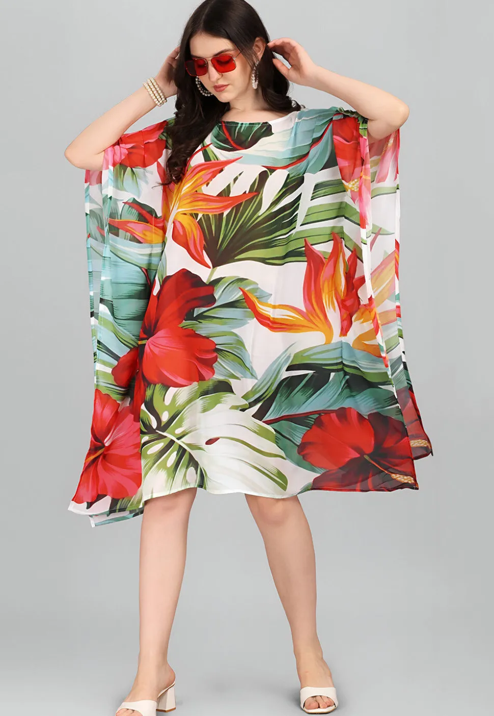 Digital Printed Georgette Kaftan in Off White