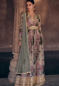 Digital Printed Georgette Abaya Style Kameez in Purple and Beige
