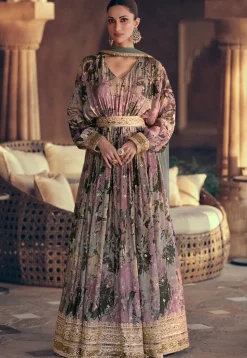 Digital Printed Georgette Abaya Style Kameez in Purple and Beige