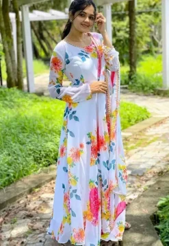 Digital Printed Georgette Anarkali Suit in Off White