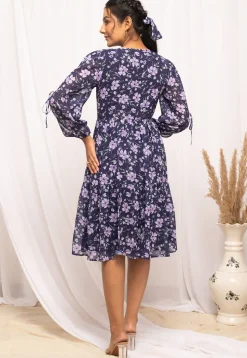 Digital Printed Georgette Short Dress in Navy Blue