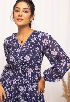 Digital Printed Georgette Short Dress in Navy Blue