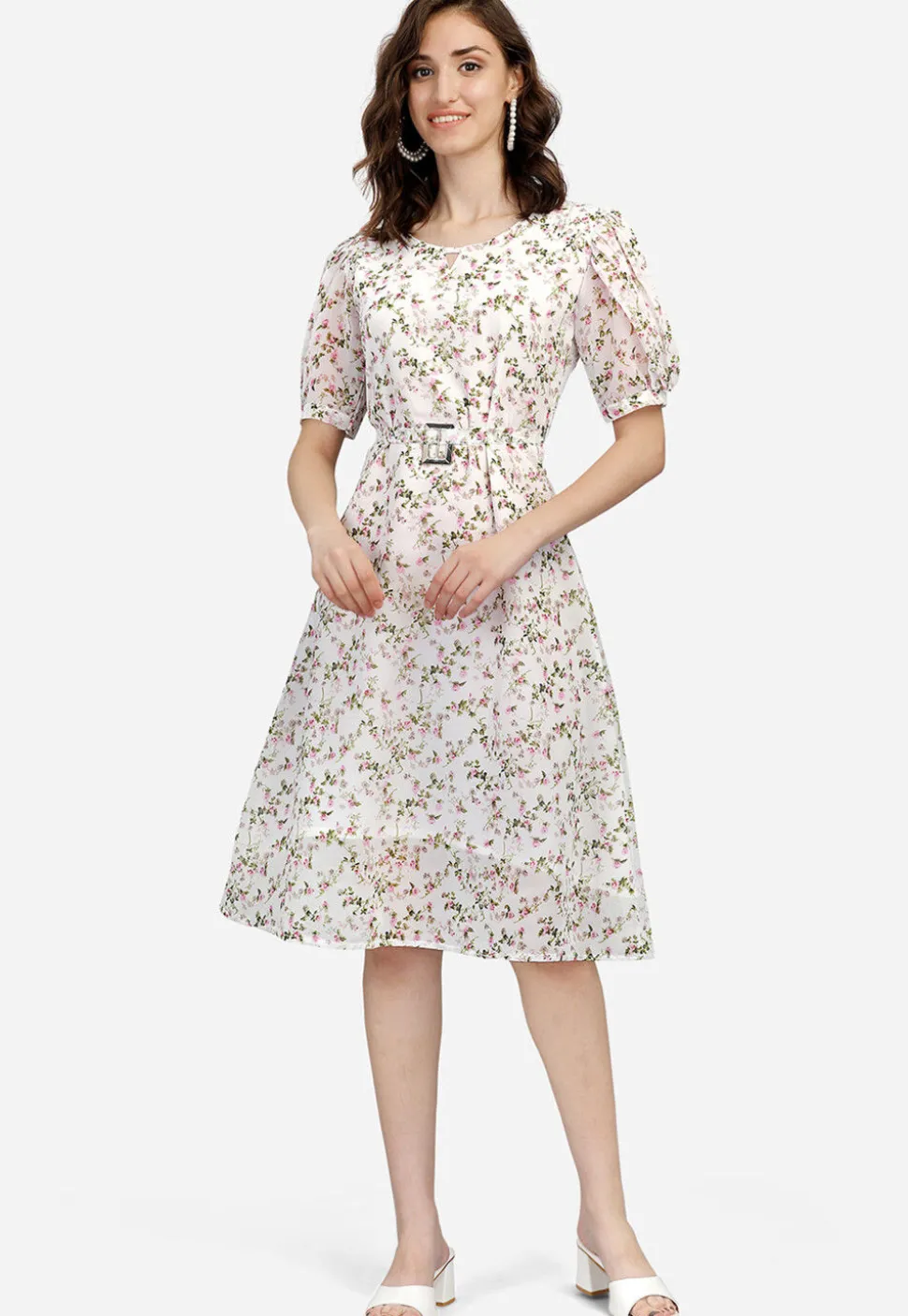 Digital Printed Georgette Aline Dress in Off White
