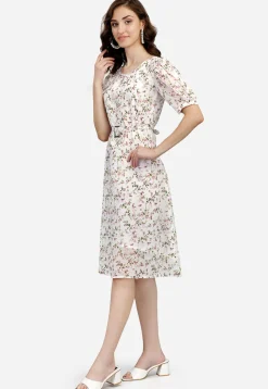 Digital Printed Georgette Aline Dress in Off White