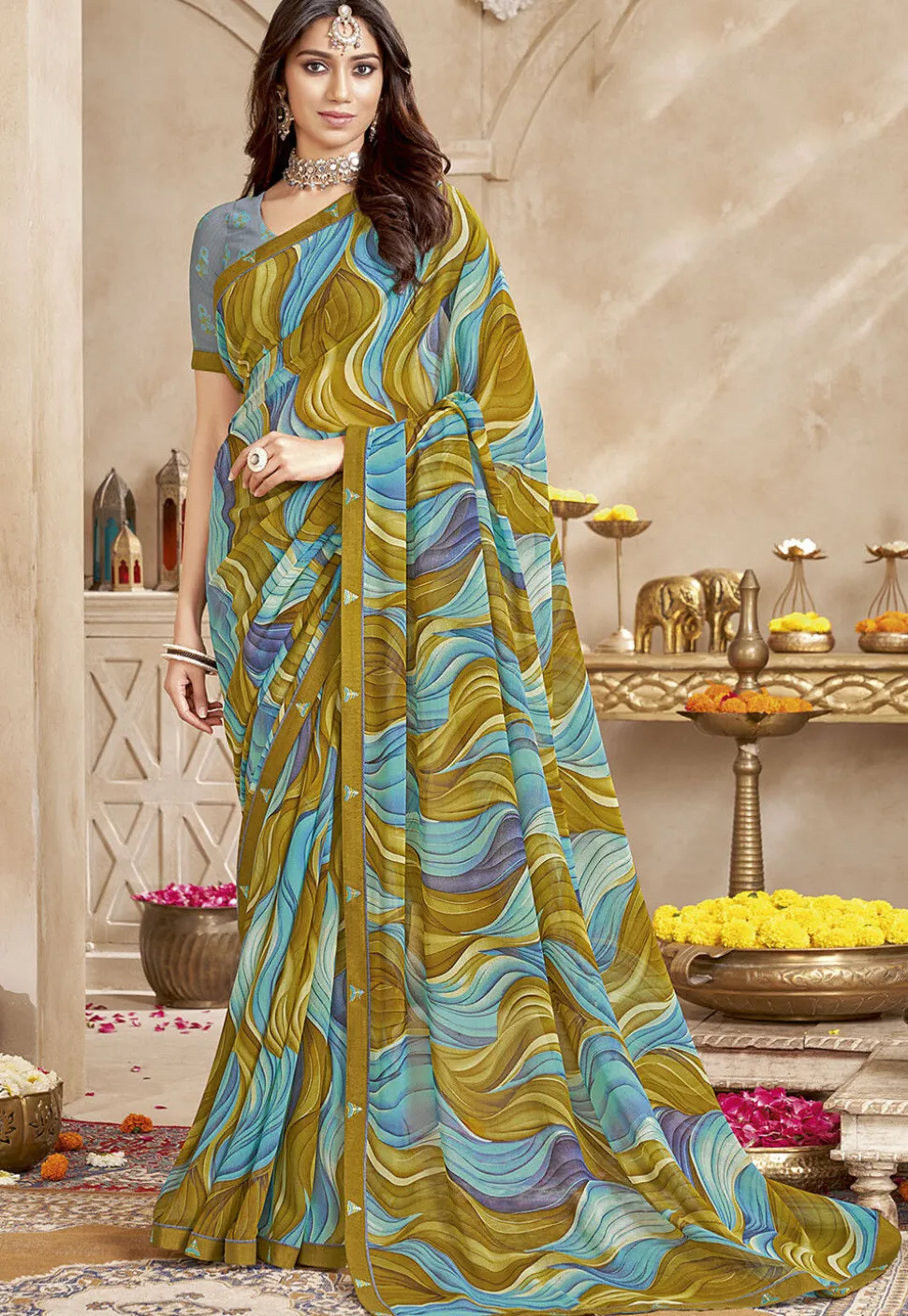 Digital Printed Georgette Saree in Multicolor
