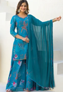 Digital Printed Georgette Pakistani Suit in Teal Blue