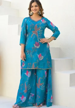 Digital Printed Georgette Pakistani Suit in Teal Blue